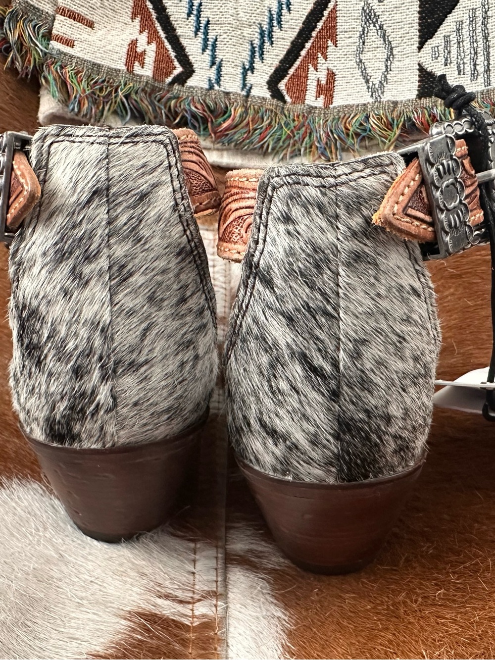 Myra Bag Brown Tooled Leather & White Speckled Hair-On-Hide Western Ankle Boots - Picture 6 of 6